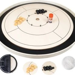 Merkloos MR. CROKI.EU - Crokinole Starter Pack; 32" Rond Crokinole Bord, 26 Schijven, 40gr. Carrom Poeder N Reis-/ Draagtas Met 4 Ritszakken - Rond Toernooibord 32inch/ 78cm Diameter - 2 Tot 4 Spelers - Houten Bordspellen - MR. Crokinole Europe