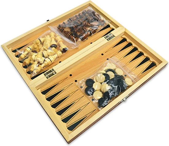 Merkloos Schaakbord | Dambord | Backgammon | 39 X 39 Cm | Schaakspel | Schaakset | Schaken | Dammen | Met Schaakstukken | 3-in-1 Bordspel | Magnetisch | Chess | Hout | Opklapbaar - Afbeelding 6
