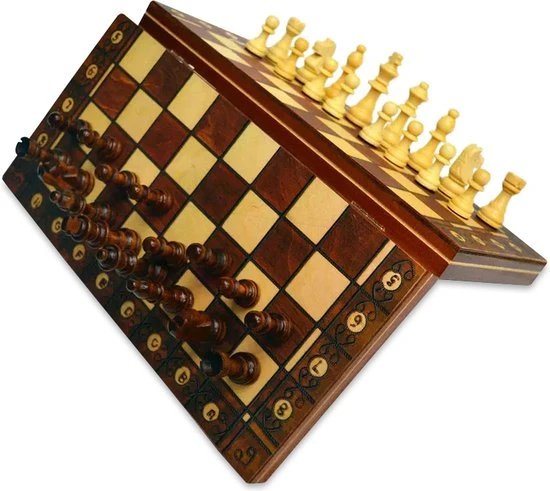 Merkloos Schaakbord | Dambord | Backgammon | 39 X 39 Cm | Schaakspel | Schaakset | Schaken | Dammen | Met Schaakstukken | 3-in-1 Bordspel | Magnetisch | Chess | Hout | Opklapbaar - Afbeelding 7