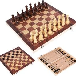 Flokoo Schaakbord Hout – 3-in-1 Bord: Schaken, Dammen & Backgammon