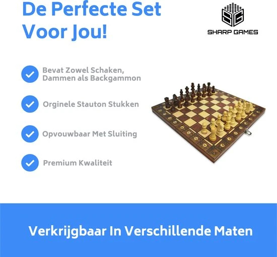 Merkloos Schaakbord | Dambord | Backgammon | 39 X 39 Cm | Schaakspel | Schaakset | Schaken | Dammen | Met Schaakstukken | 3-in-1 Bordspel | Magnetisch | Chess | Hout | Opklapbaar - Afbeelding 5