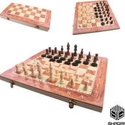 Shagam 3-in-1 Bordspel - 48 Cm - Schaakbord - Dambord - Backgammon - Schaakspel - Schaakset - Schaken - Dammen - Met Schaakstukken - Chess - Hout - Opklapbaar