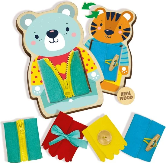 SES - Ik Leer Aankleden - Houten Aankleedfiguur - 4 Jasjes Met Verschillende Sluitingen - Afbeelding 2