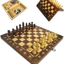 Merkloos Schaakbord | Dambord | Backgammon | 39 X 39 Cm | Schaakspel | Schaakset | Schaken | Dammen | Met Schaakstukken | 3-in-1 Bordspel | Magnetisch | Chess | Hout | Opklapbaar