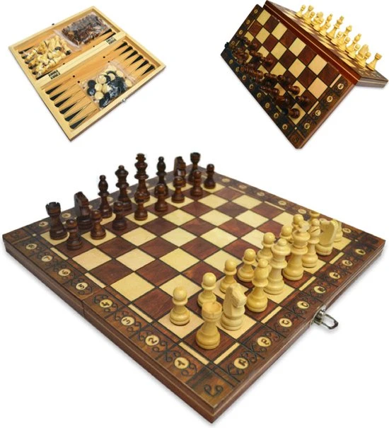 Merkloos Schaakbord | Dambord | Backgammon | 39 X 39 Cm | Schaakspel | Schaakset | Schaken | Dammen | Met Schaakstukken | 3-in-1 Bordspel | Magnetisch | Chess | Hout | Opklapbaar
