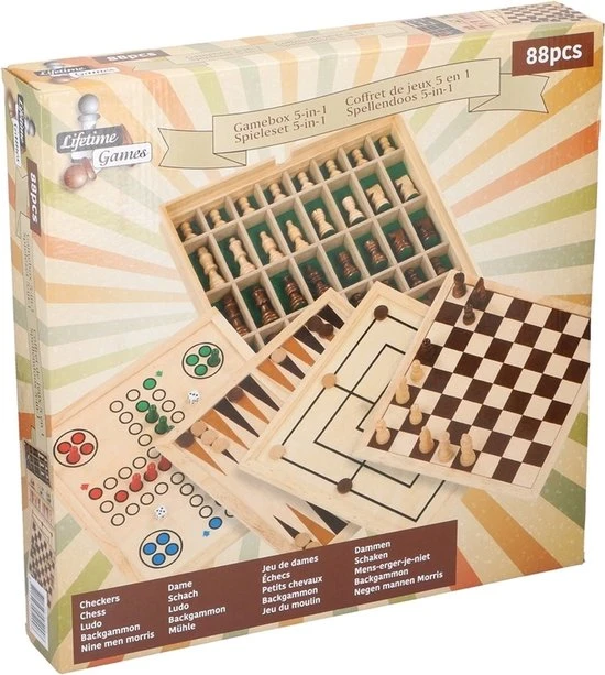 Lifetime Games Spellendoos - Hout - 5 Bordspellen - O.a. Mens Erger Je Niet, Dambord, Backgammon En Schaakbord - 35 Cm 88-delig