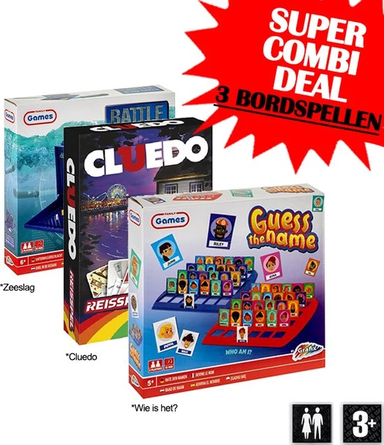 999 Games & Hasbro Gaming 3 Bordspellen - Cluedo - Zeeslag - Wie Is Het - Kaartspellen - Reisspel - Gezelschapspel - Familie - Volwassenen - Kinderen - Hasbro - Grafix - Sinterklaas - Kerst